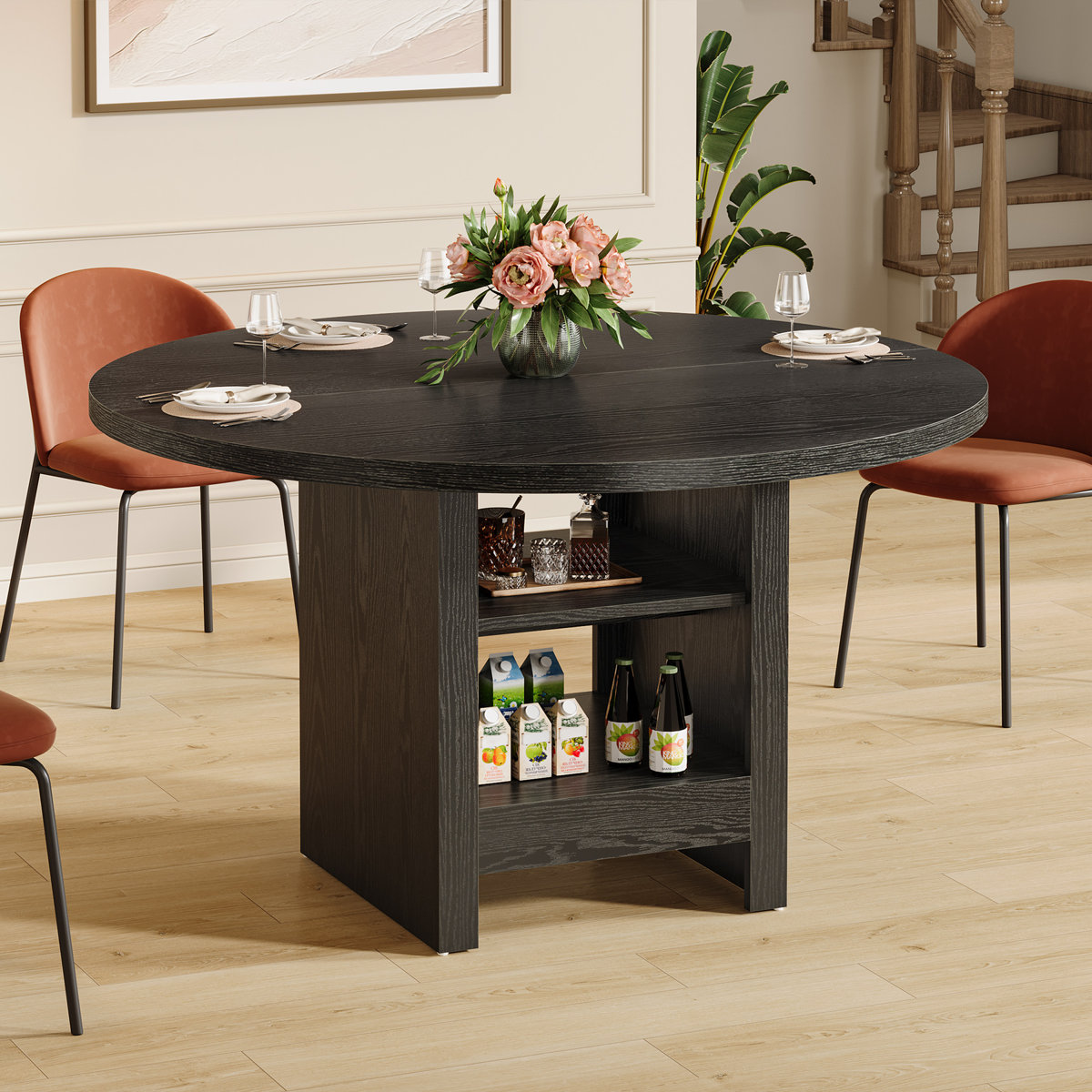 Ebern Designs Black Round Dining Table For 4, 47-inch Modern Kitchen Table With 2-tier Storage ...